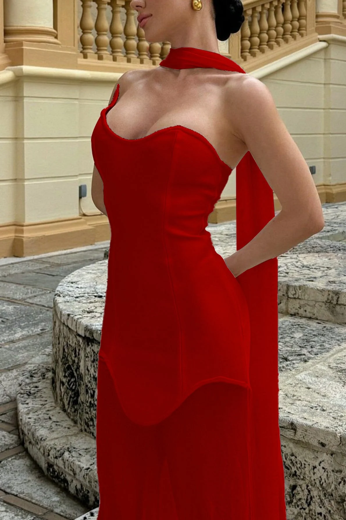 Draped Tie Sexy Mesh Patch Tube Prom Dress - Image 4