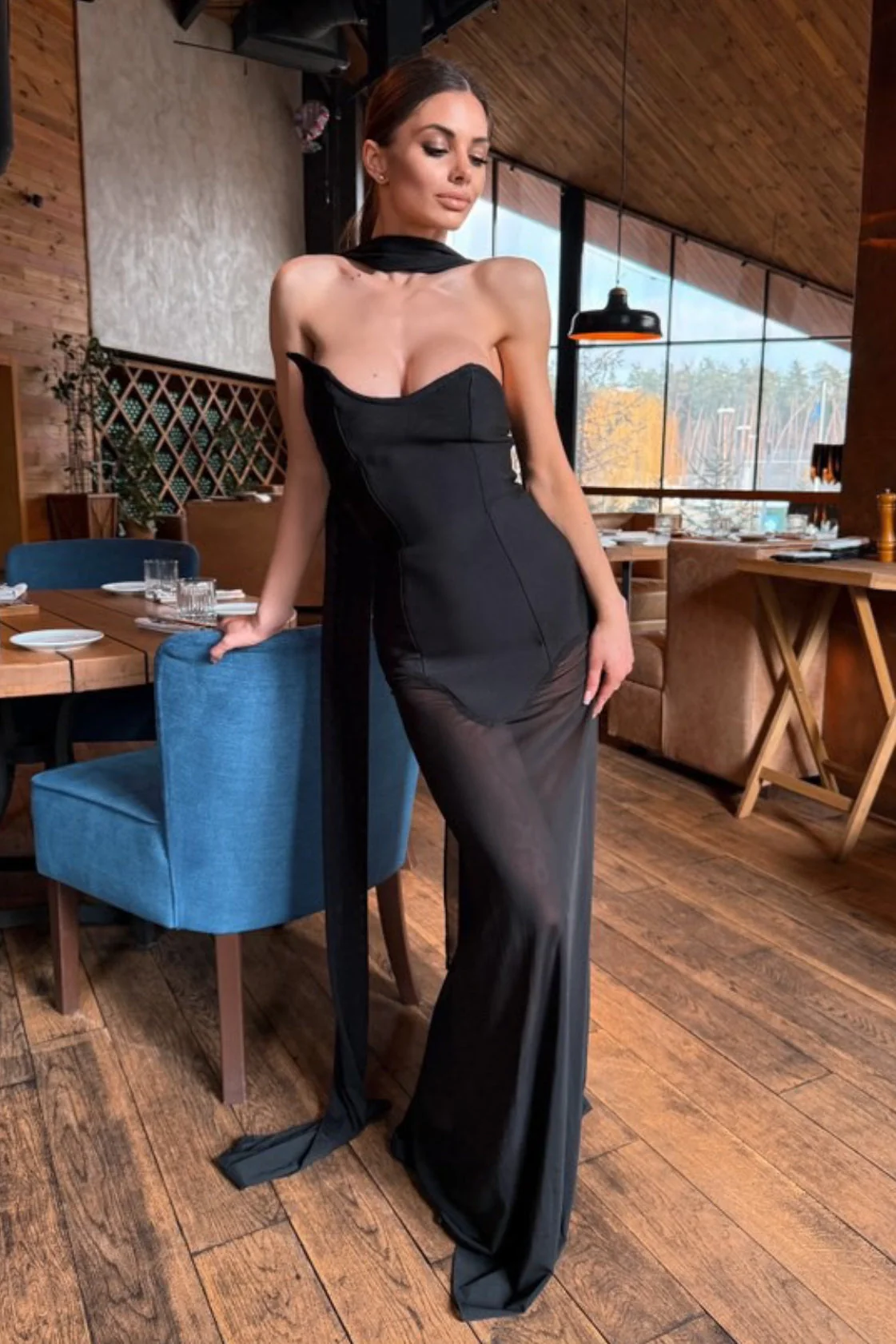 Draped Tie Sexy Mesh Patch Tube Prom Dress - Image 8