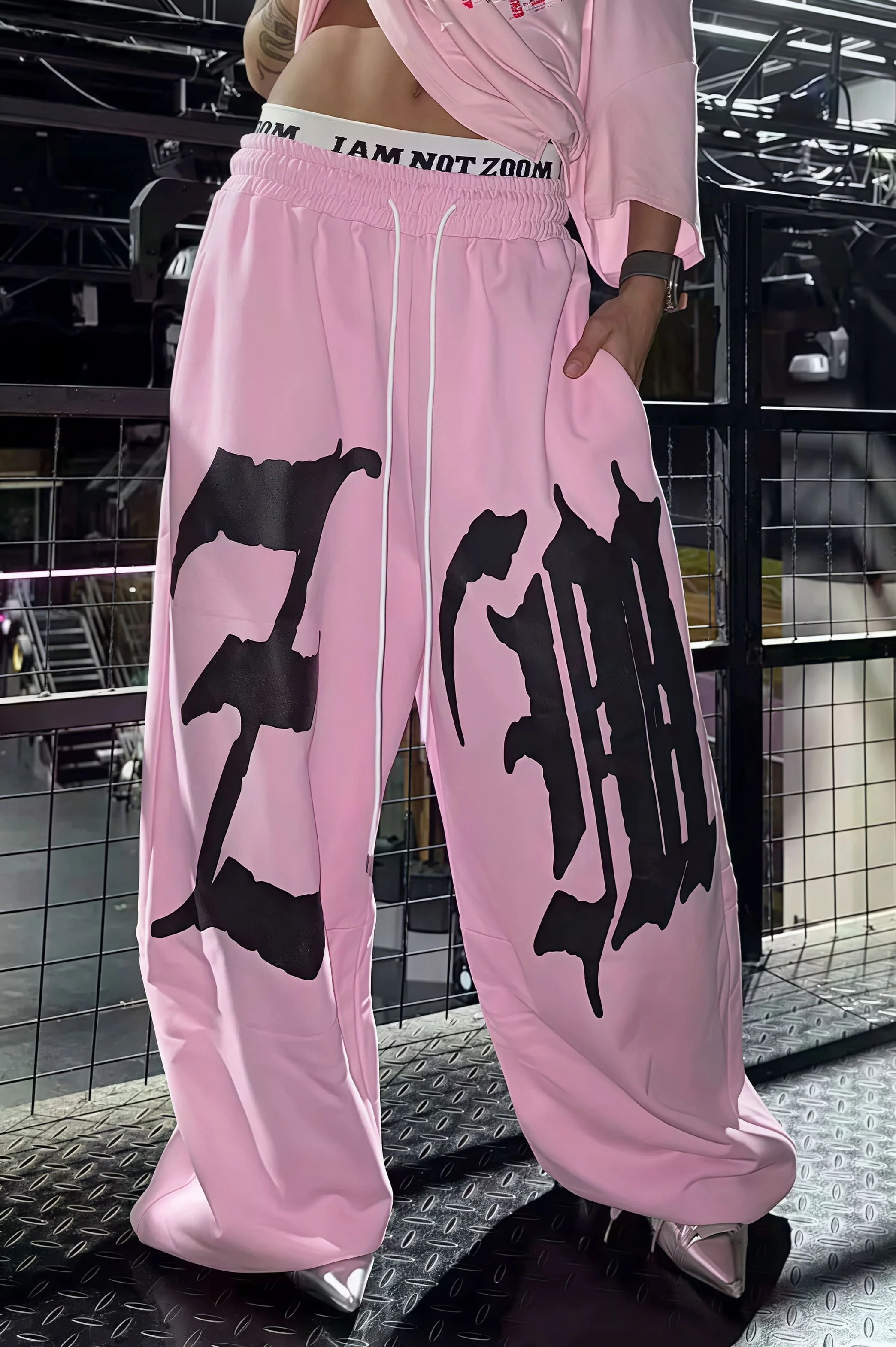 Drapey Letter Graphic Drawcord Curved Sweat Pants - Image 2
