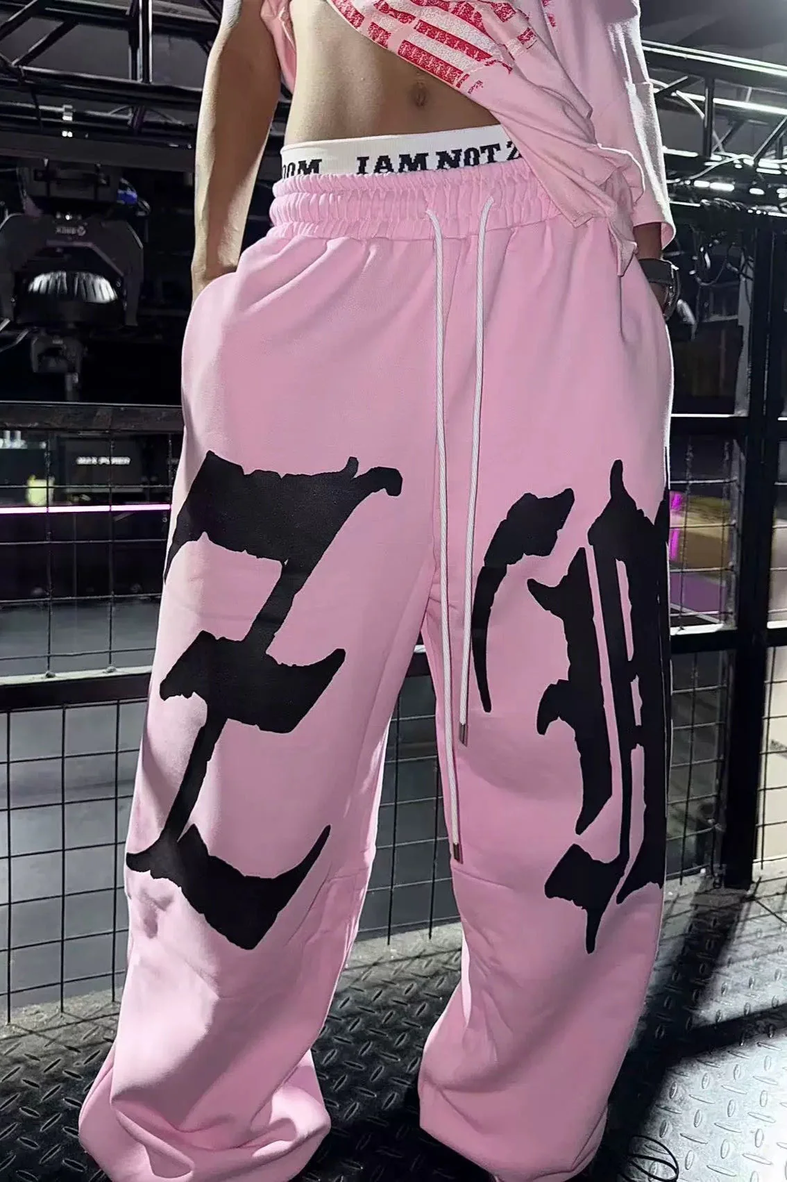 Drapey Letter Graphic Drawcord Curved Sweat Pants - Image 3