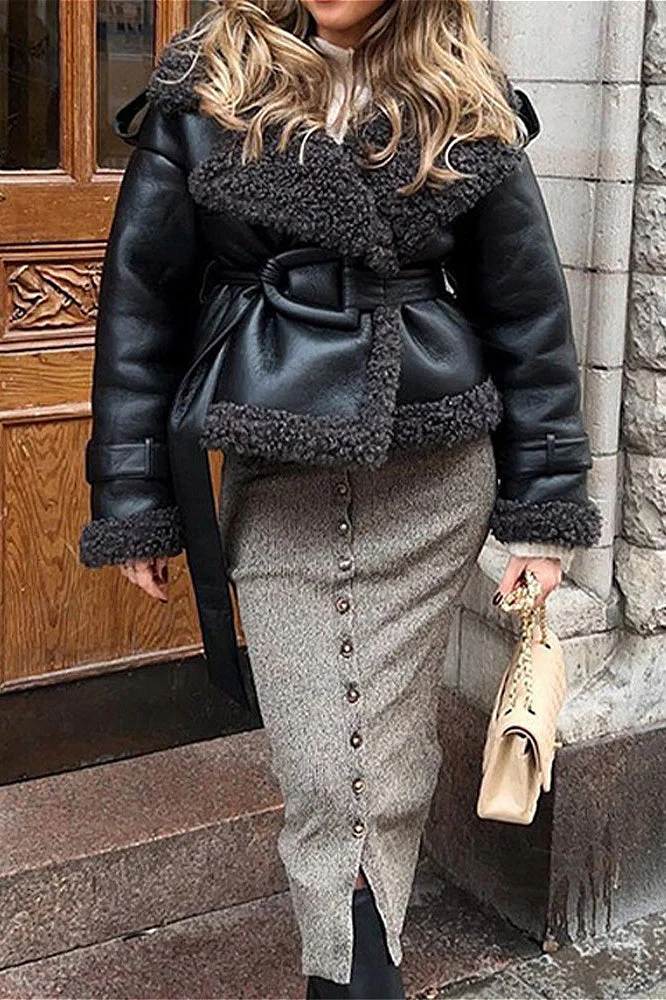 Edgy Solid Plush Leather Panel Belt Coat - Image 2