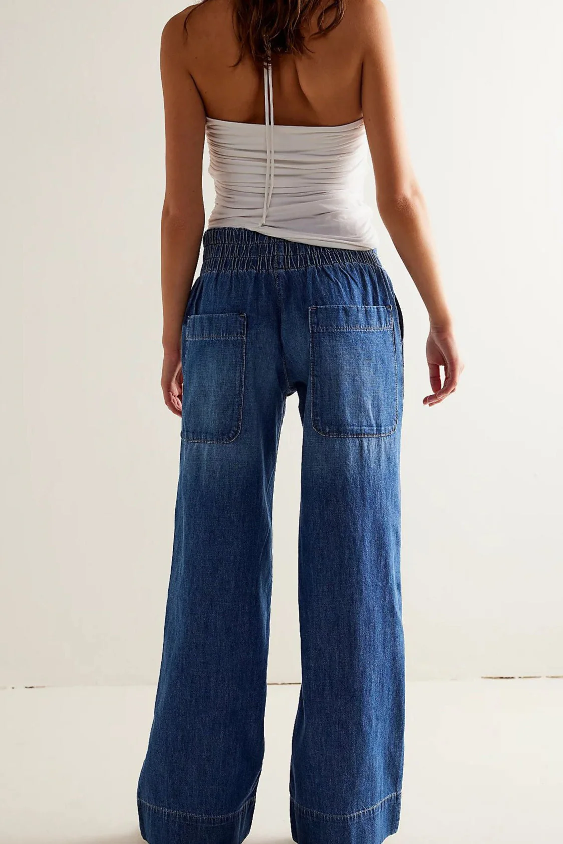 Elastic Waist Mid Rise Ruched Loose Wide Leg Jeans - Image 2