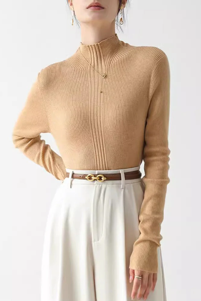 Elegant Apricot Mock Neck Long-Sleeve Pullover Knit Top - Image 10