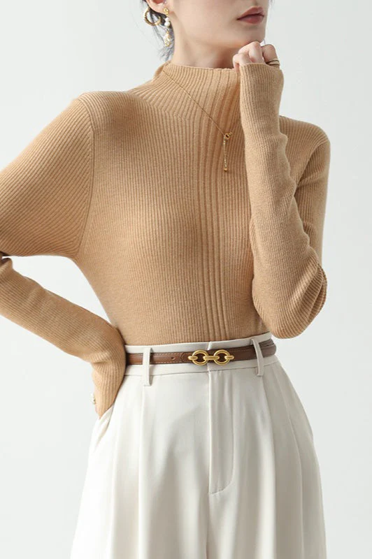 Elegant Apricot Mock Neck Long-Sleeve Pullover Knit Top - Image 11