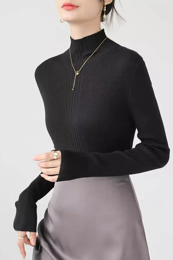 Elegant Apricot Mock Neck Long-Sleeve Pullover Knit Top - Image 12