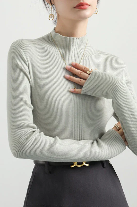 Elegant Apricot Mock Neck Long-Sleeve Pullover Knit Top - Image 14