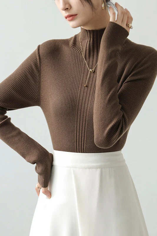 Elegant Apricot Mock Neck Long-Sleeve Pullover Knit Top - Image 2