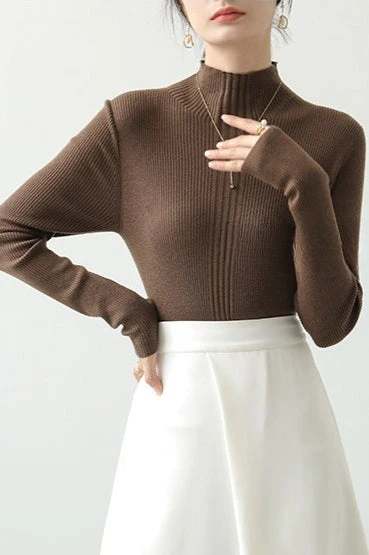 Elegant Apricot Mock Neck Long-Sleeve Pullover Knit Top - Image 3