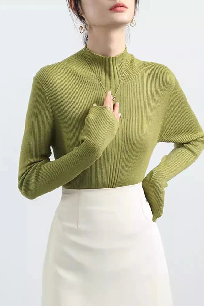 Elegant Apricot Mock Neck Long-Sleeve Pullover Knit Top - Image 4