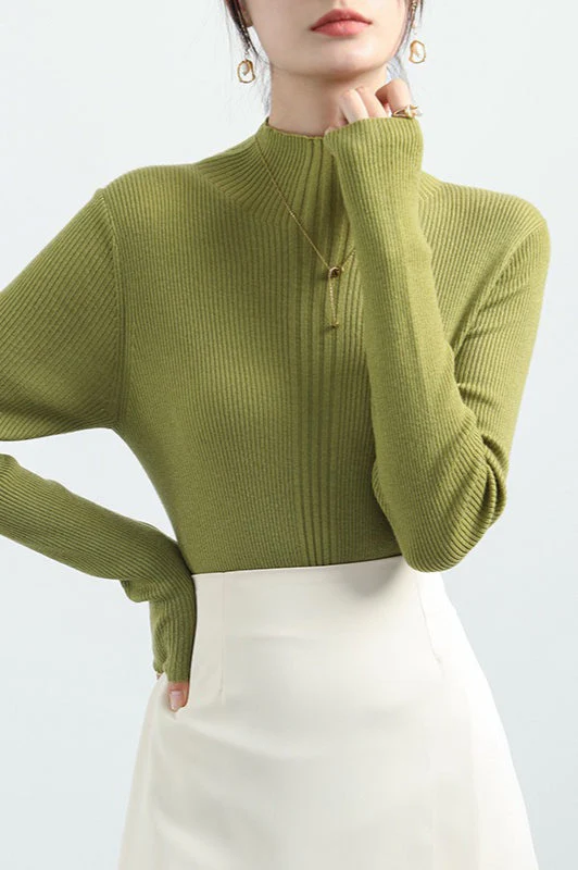 Elegant Apricot Mock Neck Long-Sleeve Pullover Knit Top - Image 5