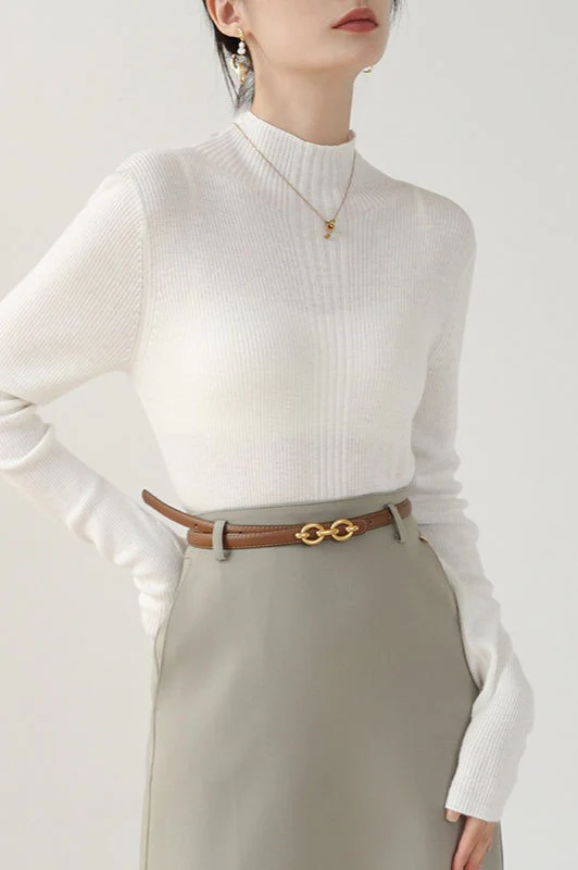 Elegant Apricot Mock Neck Long-Sleeve Pullover Knit Top - Image 6