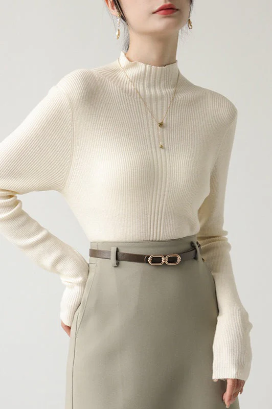 Elegant Apricot Mock Neck Long-Sleeve Pullover Knit Top - Image 7