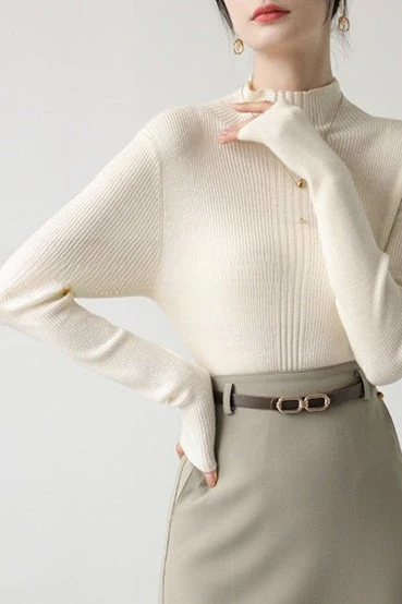 Elegant Apricot Mock Neck Long-Sleeve Pullover Knit Top - Image 8