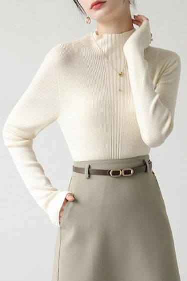 Elegant Apricot Mock Neck Long-Sleeve Pullover Knit Top - Image 9