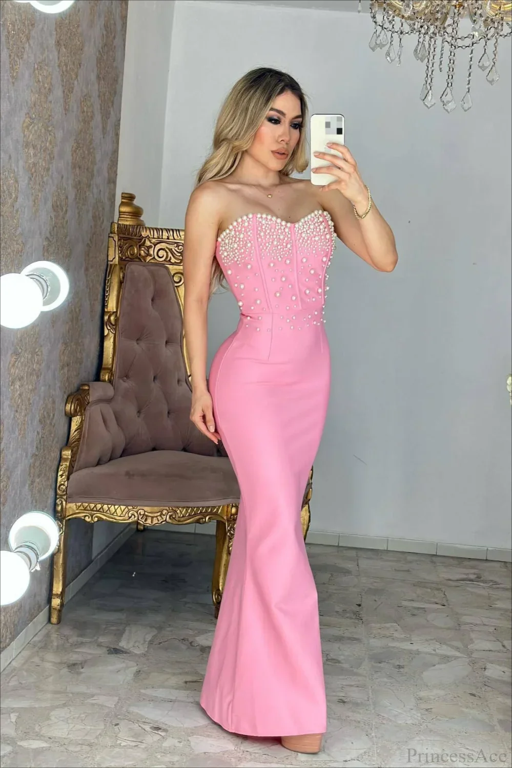 Elegant Beaded Fitted Strapless Evening Dress - Image 3