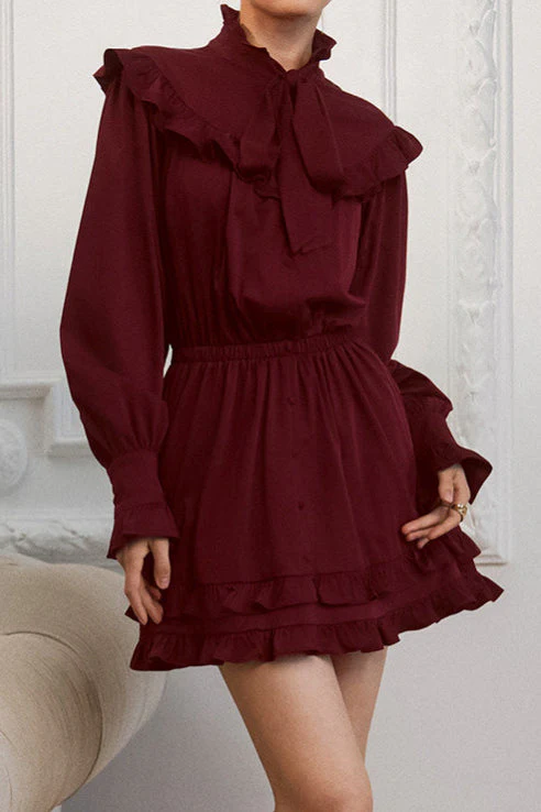Elegant Bow Tie Lace Up Long Sleeve A Line Mini Dress