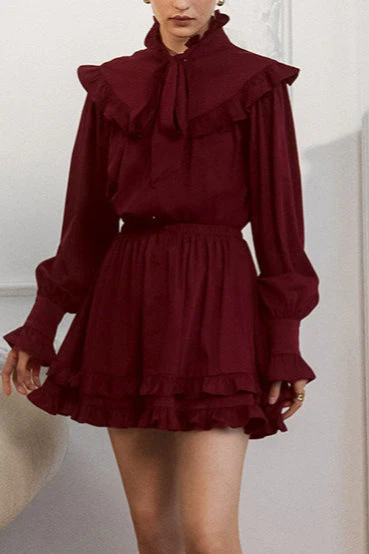 Elegant Bow Tie Lace Up Long Sleeve A Line Mini Dress - Image 2