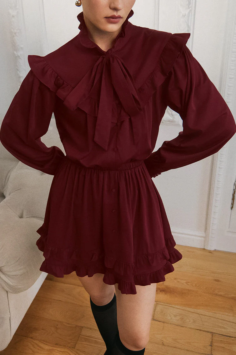 Elegant Bow Tie Lace Up Long Sleeve A Line Mini Dress - Image 3