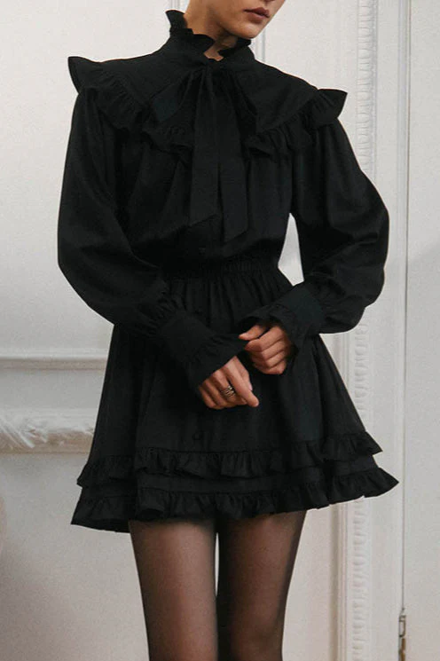 Elegant Bow Tie Lace Up Long Sleeve A Line Mini Dress - Image 4
