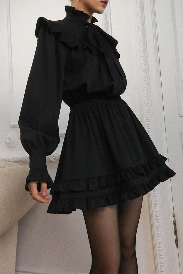 Elegant Bow Tie Lace Up Long Sleeve A Line Mini Dress - Image 5