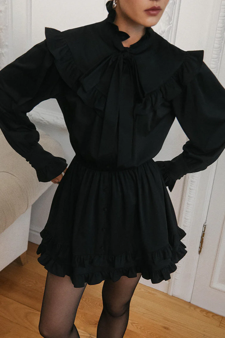 Elegant Bow Tie Lace Up Long Sleeve A Line Mini Dress - Image 6