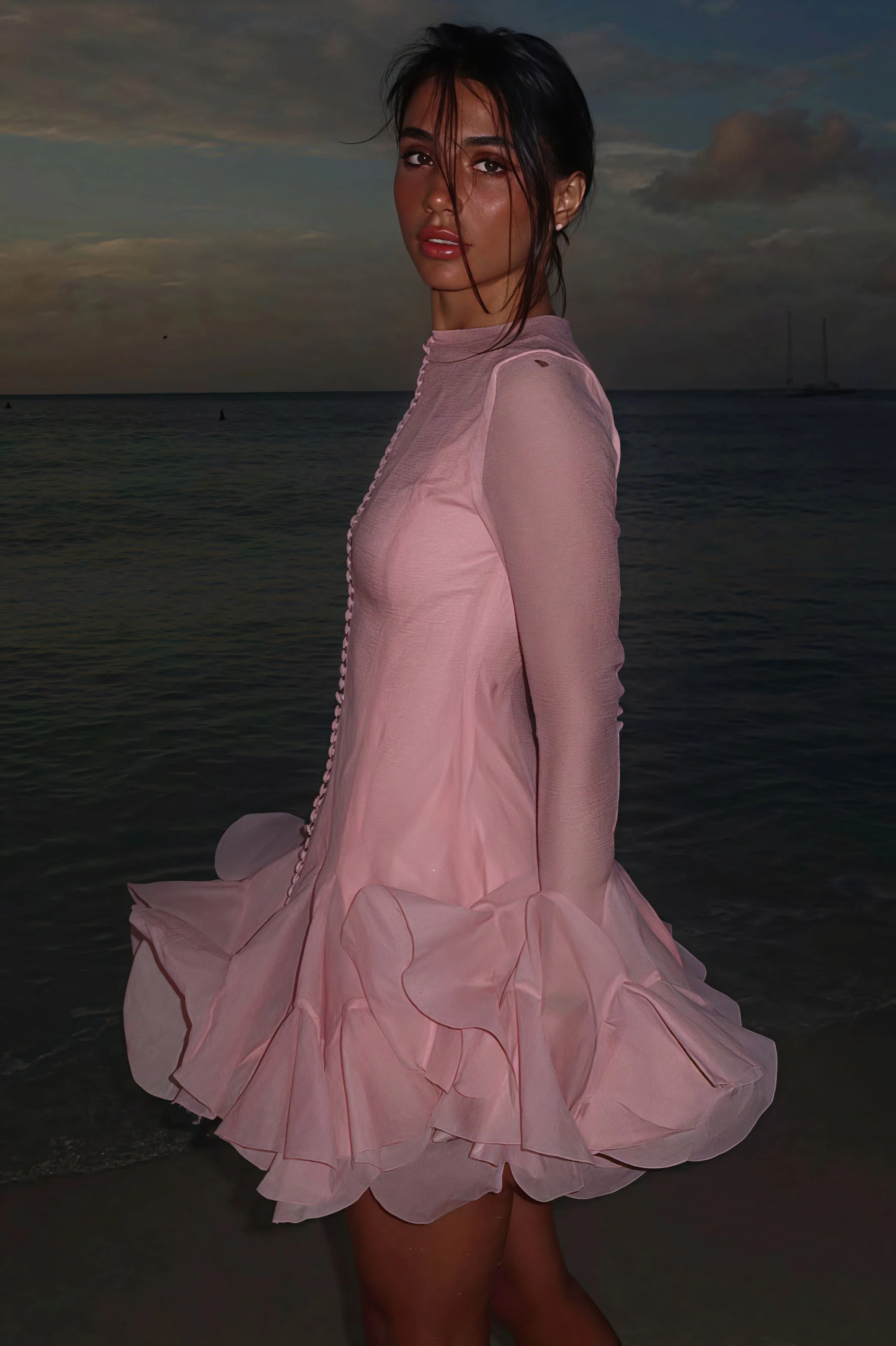 Elegant Buttoned Ruffled Long Puff Sleeve Mini Dress - Image 2