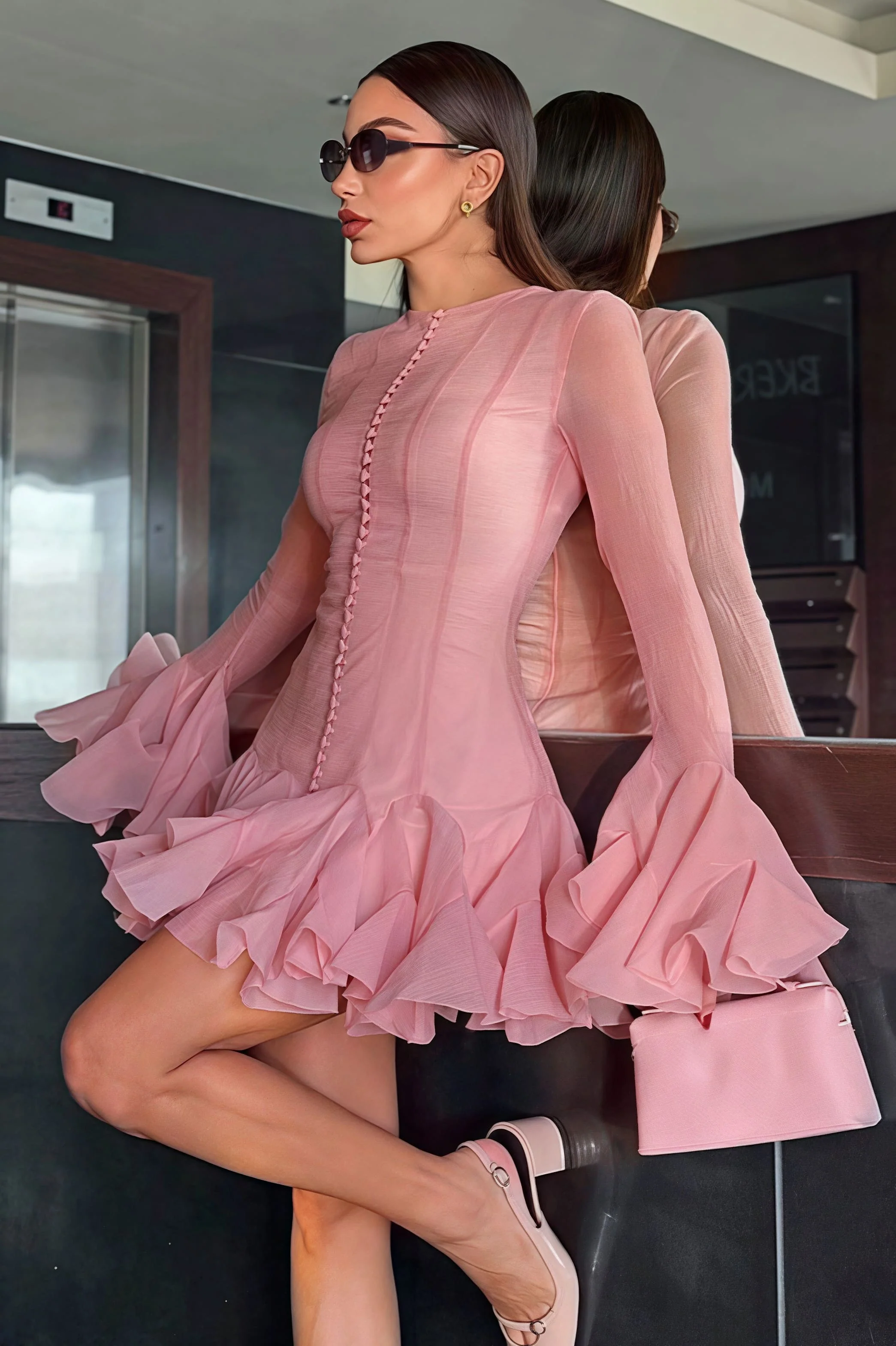 Elegant Buttoned Ruffled Long Puff Sleeve Mini Dress - Image 3