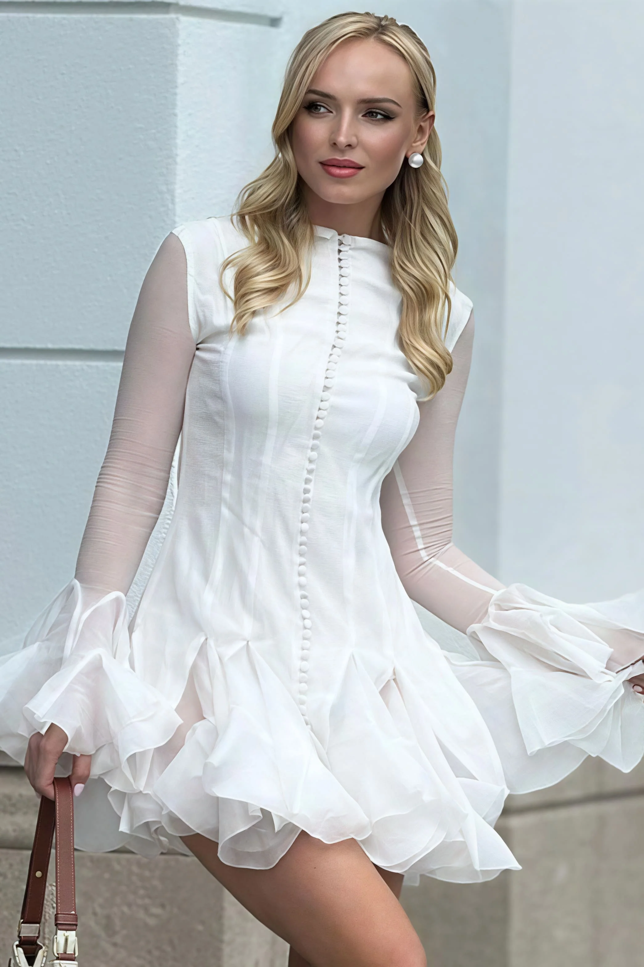 Elegant Buttoned Ruffled Long Puff Sleeve Mini Dress - Image 5