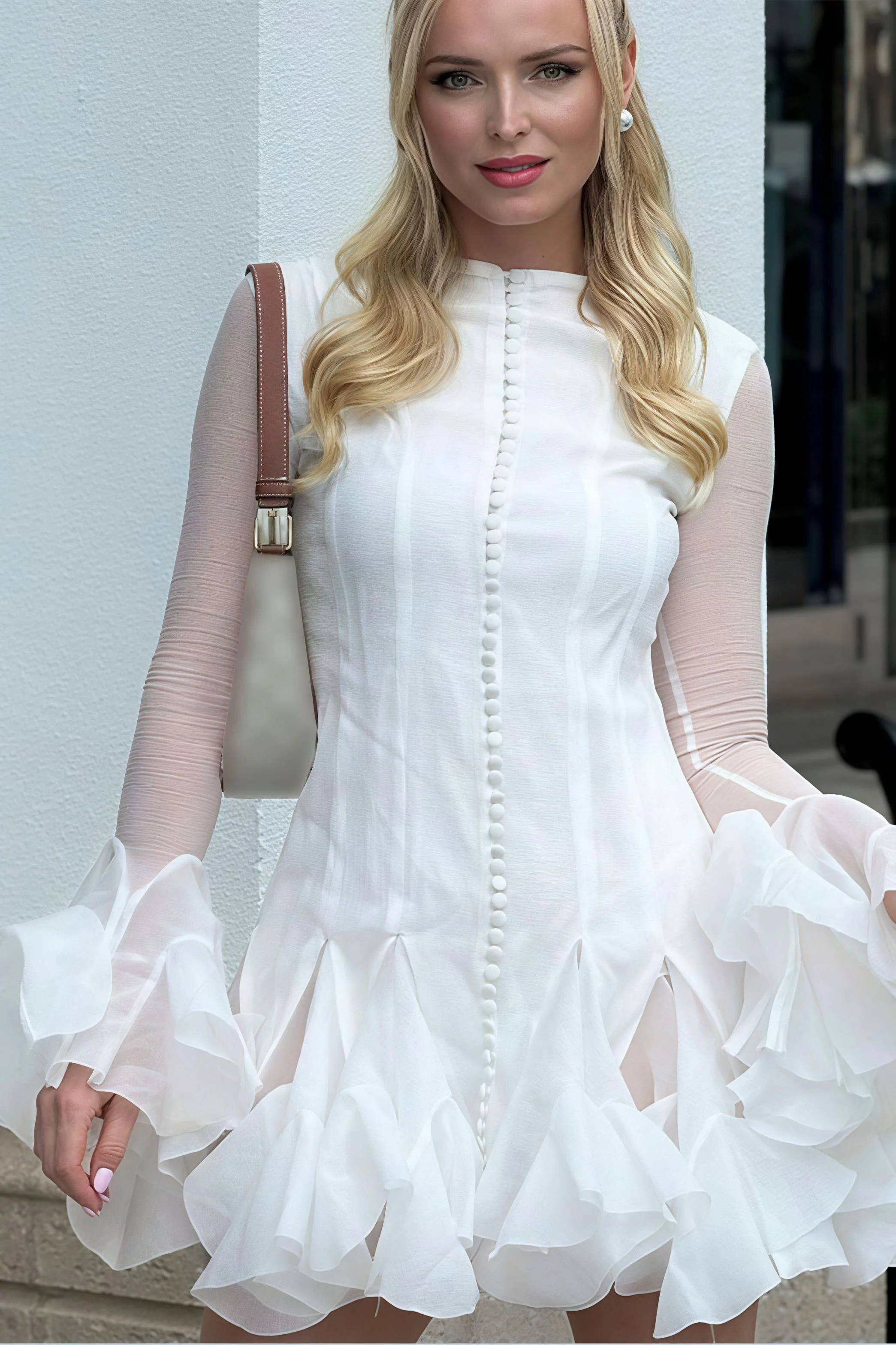 Elegant Buttoned Ruffled Long Puff Sleeve Mini Dress - Image 6