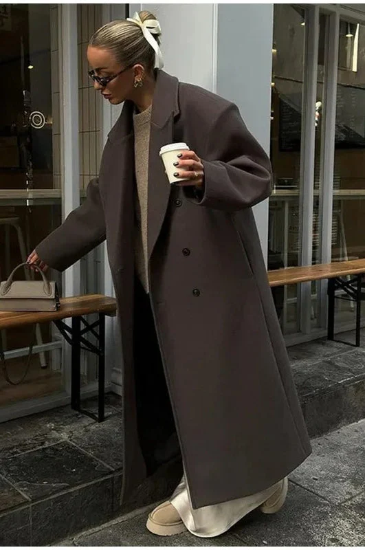 Elegant Casual Solid Color Double-Breasted Long Overcoat - Image 2