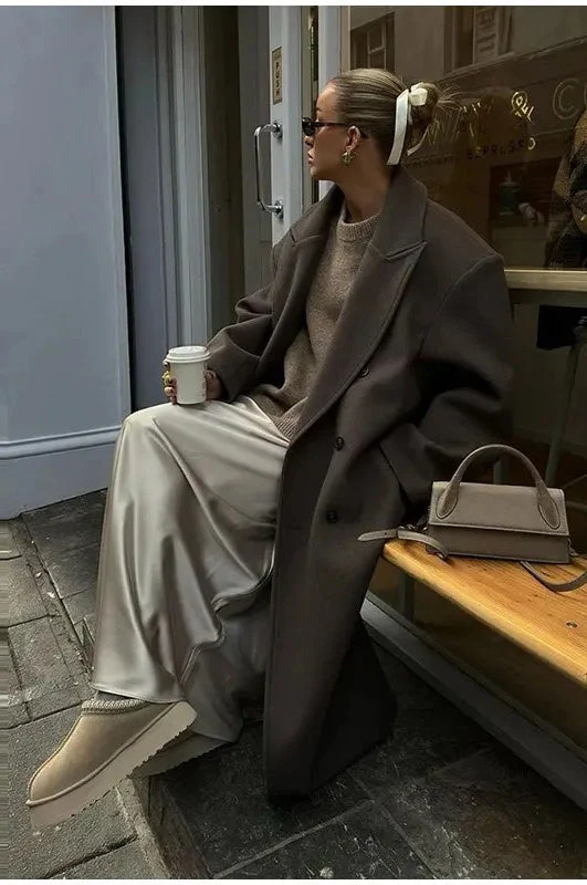Elegant Casual Solid Color Double-Breasted Long Overcoat - Image 3