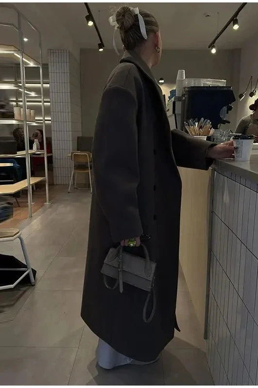 Elegant Casual Solid Color Double-Breasted Long Overcoat - Image 4