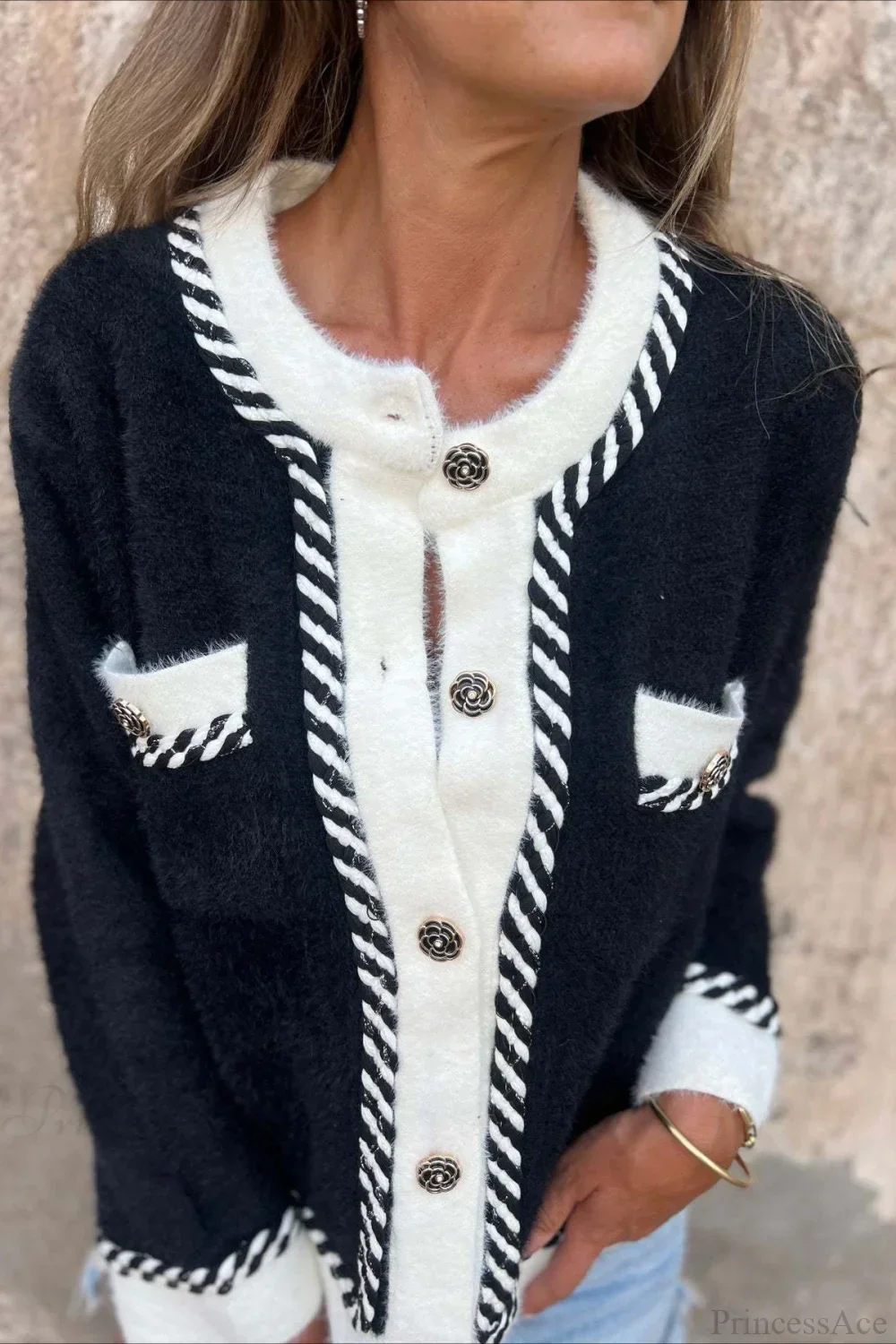 Elegant Chic Color Block Button Pocket Wool Coat - Image 2
