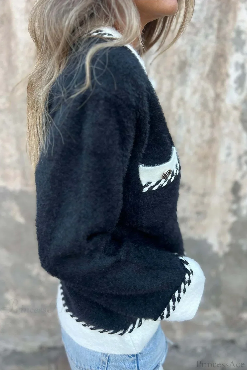 Elegant Chic Color Block Button Pocket Wool Coat - Image 3