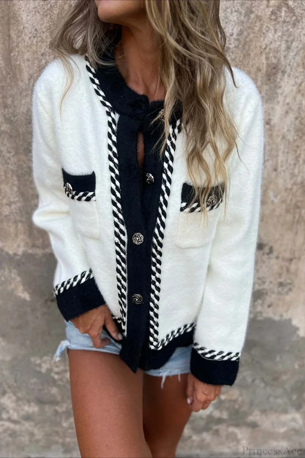 Elegant Chic Color Block Button Pocket Wool Coat - Image 4