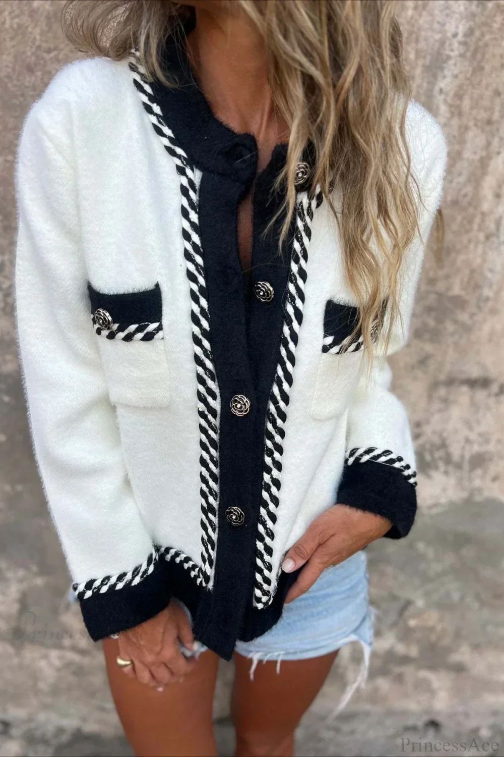 Elegant Chic Color Block Button Pocket Wool Coat - Image 5