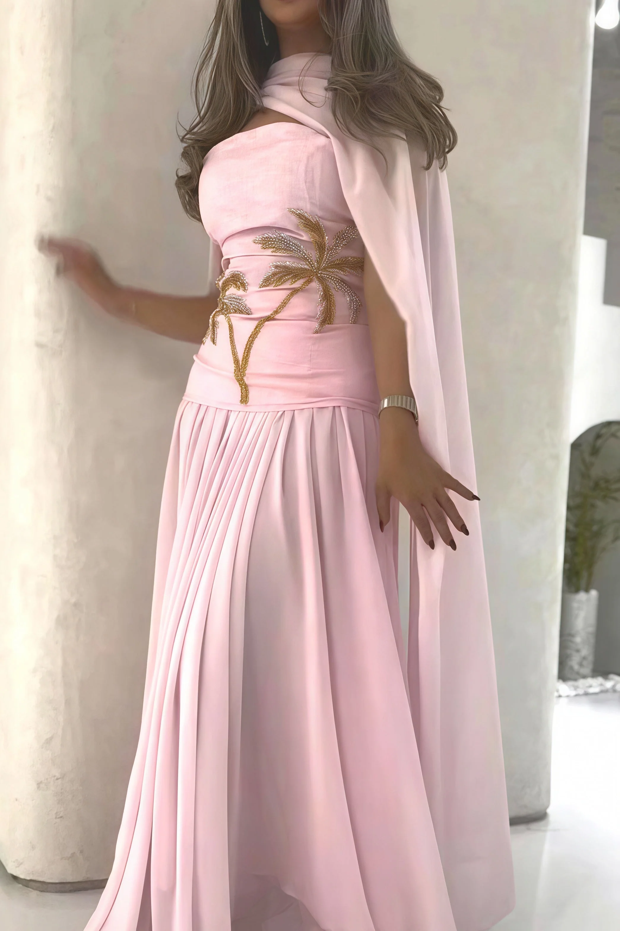 Elegant Chiffon Cape Beaded Maxi Dress - Image 4