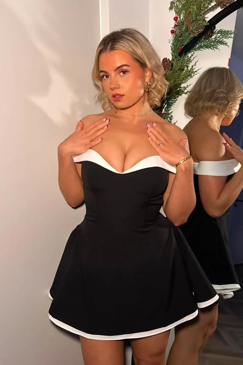 Elegant Color Block Ruffle Off Shoulder Mini Dress - Image 4