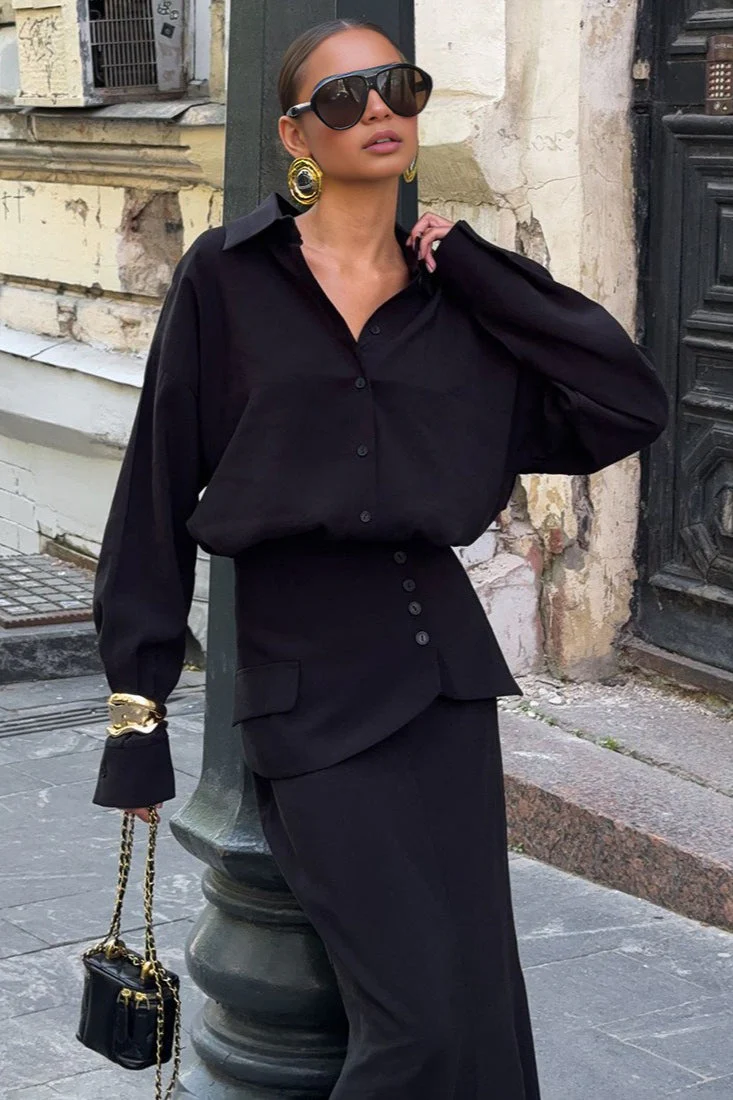 Elegant Creative Street Style Solid Long Sleeve Shirtdress Two Piece Set - Image 6