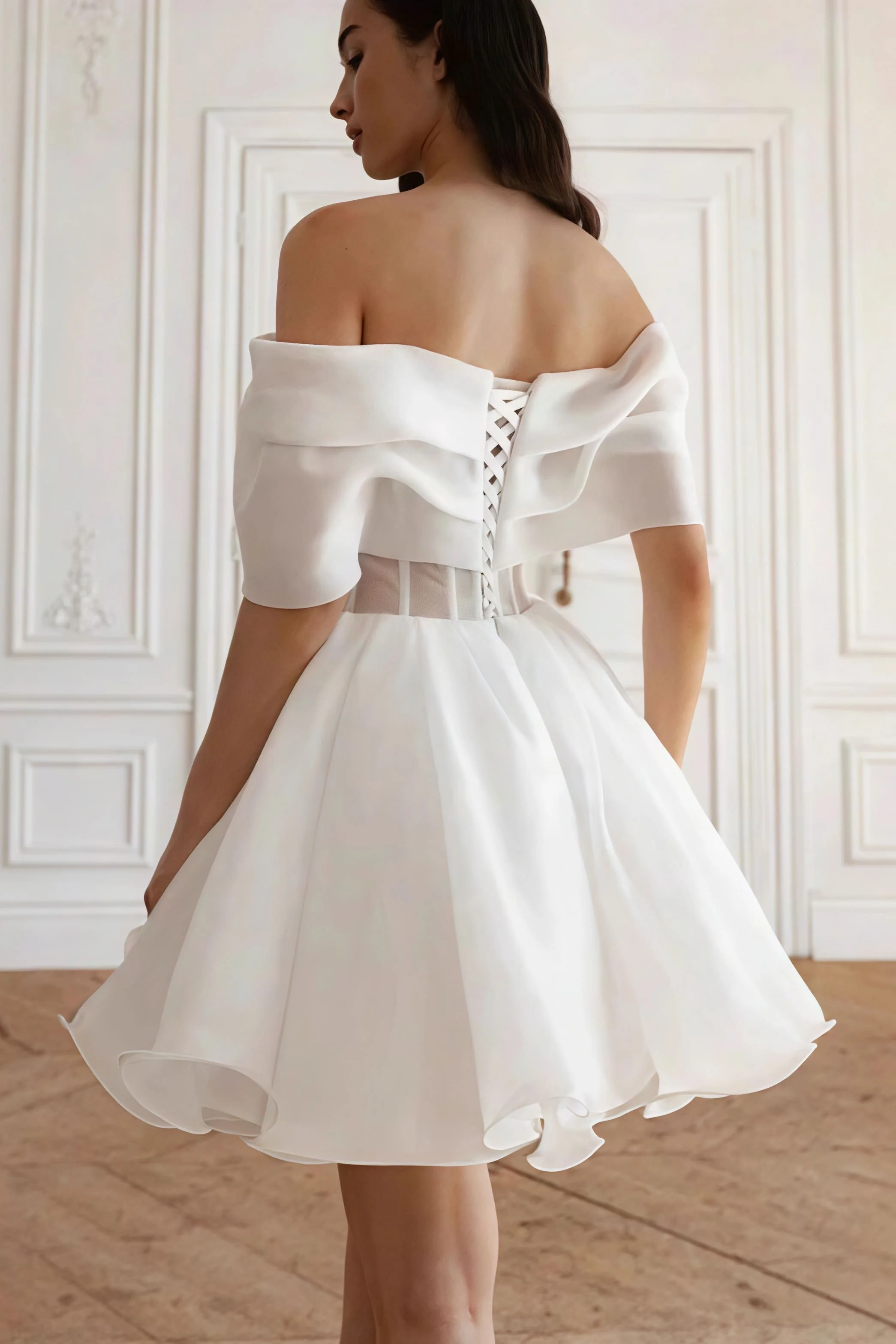 Elegant Cross Ruched Off Shoulder Short Reception Dress - Image 2