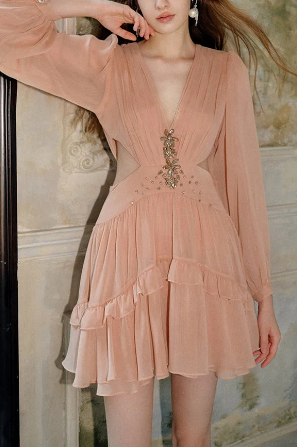Elegant Deep V Cut Out Waist Rhinestone Chiffon Mini Dress - Image 3