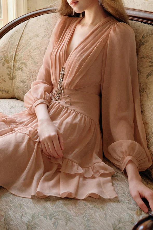 Elegant Deep V Cut Out Waist Rhinestone Chiffon Mini Dress - Image 4