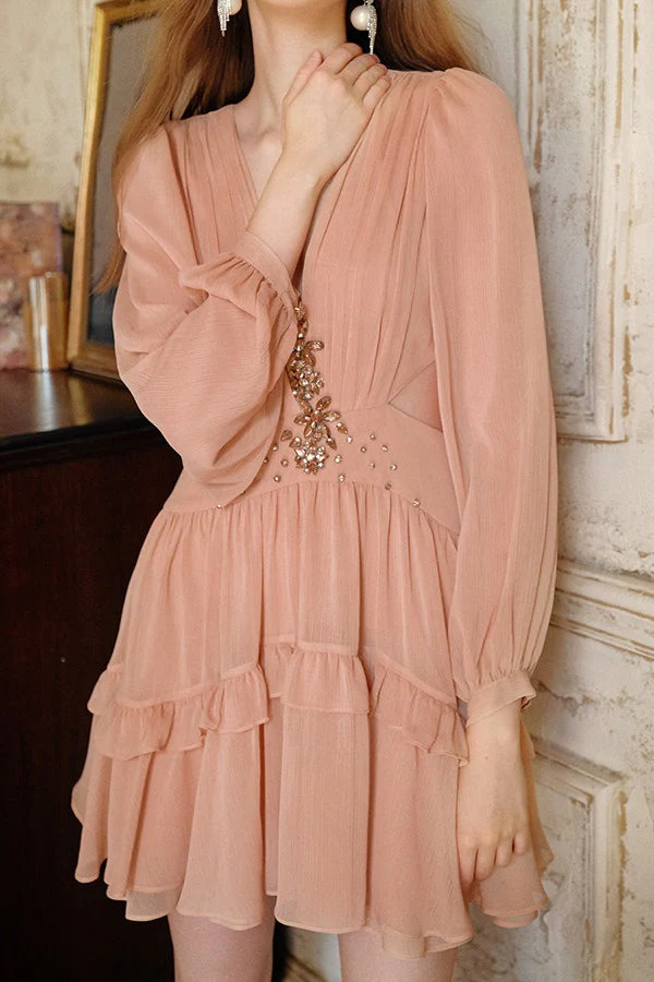 Elegant Deep V Cut Out Waist Rhinestone Chiffon Mini Dress - Image 5