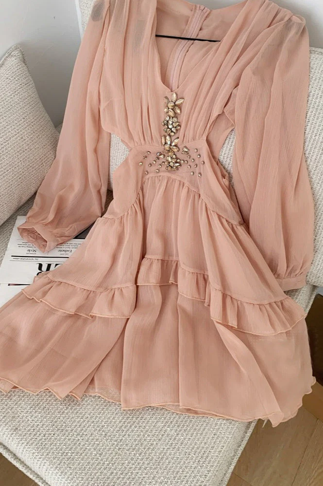 Elegant Deep V Cut Out Waist Rhinestone Chiffon Mini Dress - Image 6