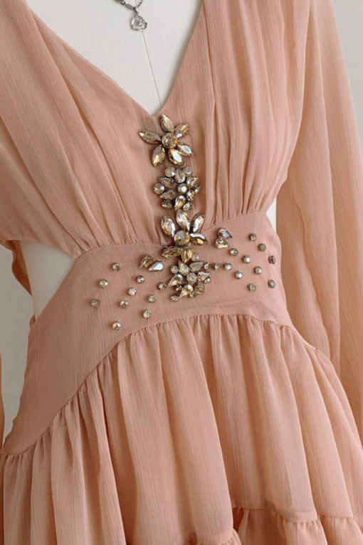 Elegant Deep V Cut Out Waist Rhinestone Chiffon Mini Dress - Image 7