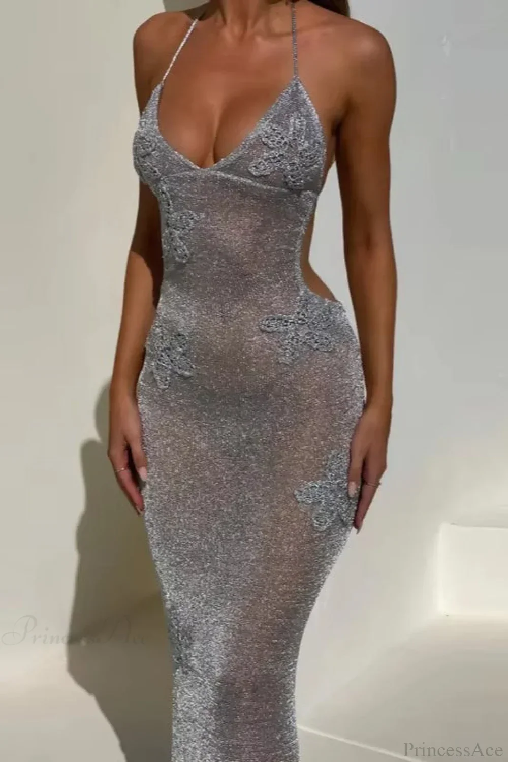Elegant Deep V-Neck Spaghetti Strap Fitted Sheer Backless Evening Dress - Image 2