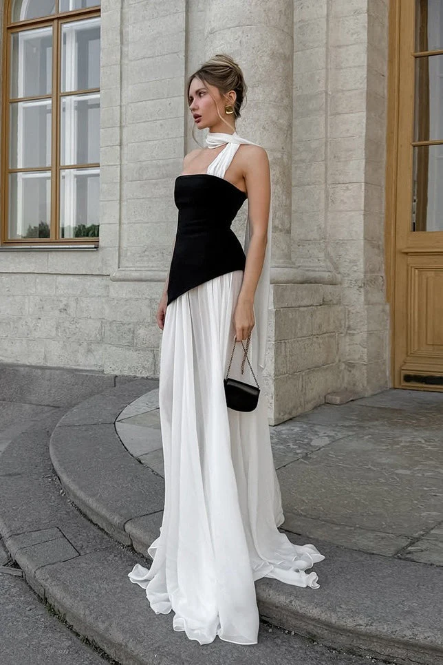 Elegant Flared Wavy Trim Color Block Maxi Dress - Image 4