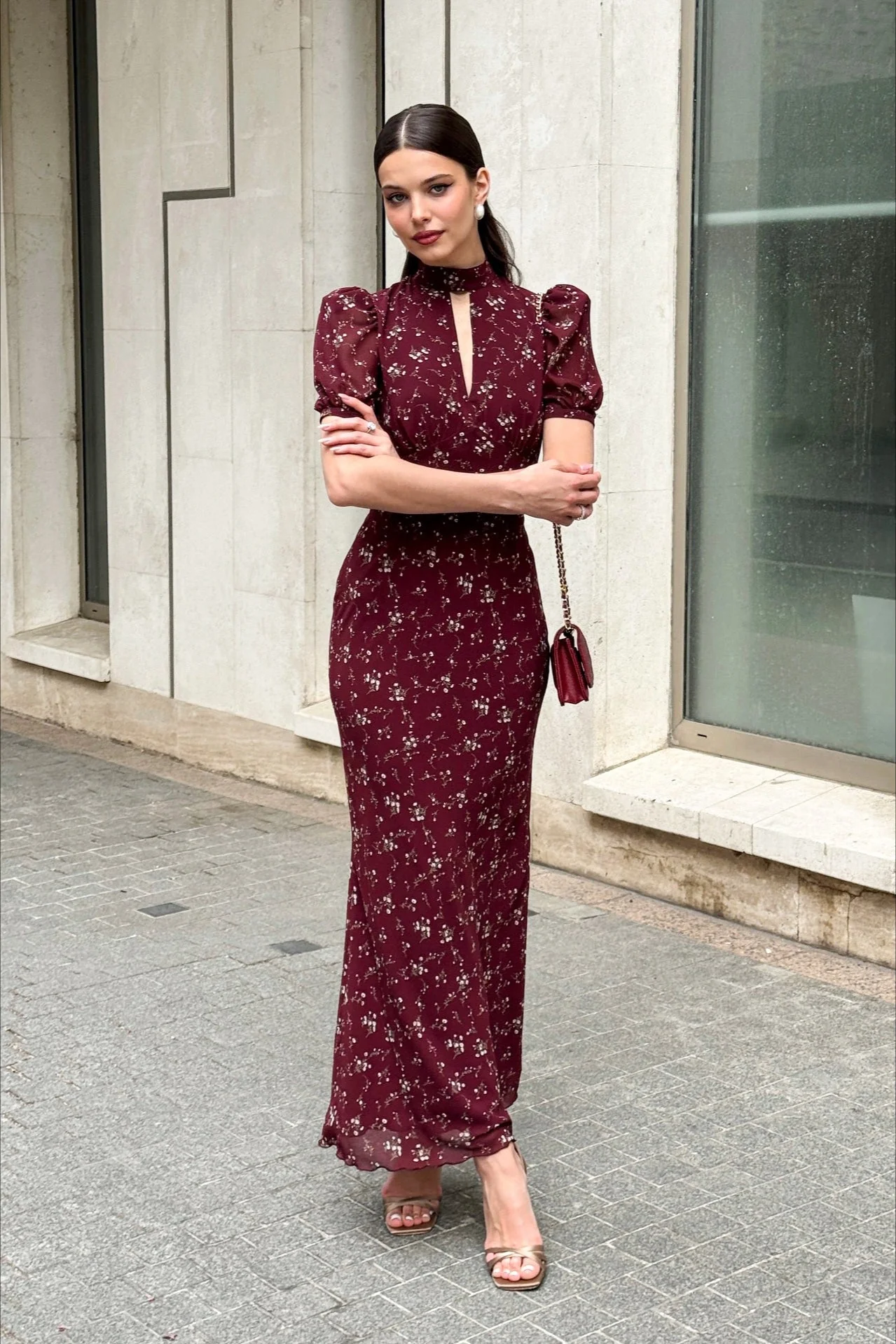 Elegant Floral Deep V Bodycon Maxi Dress - Image 3