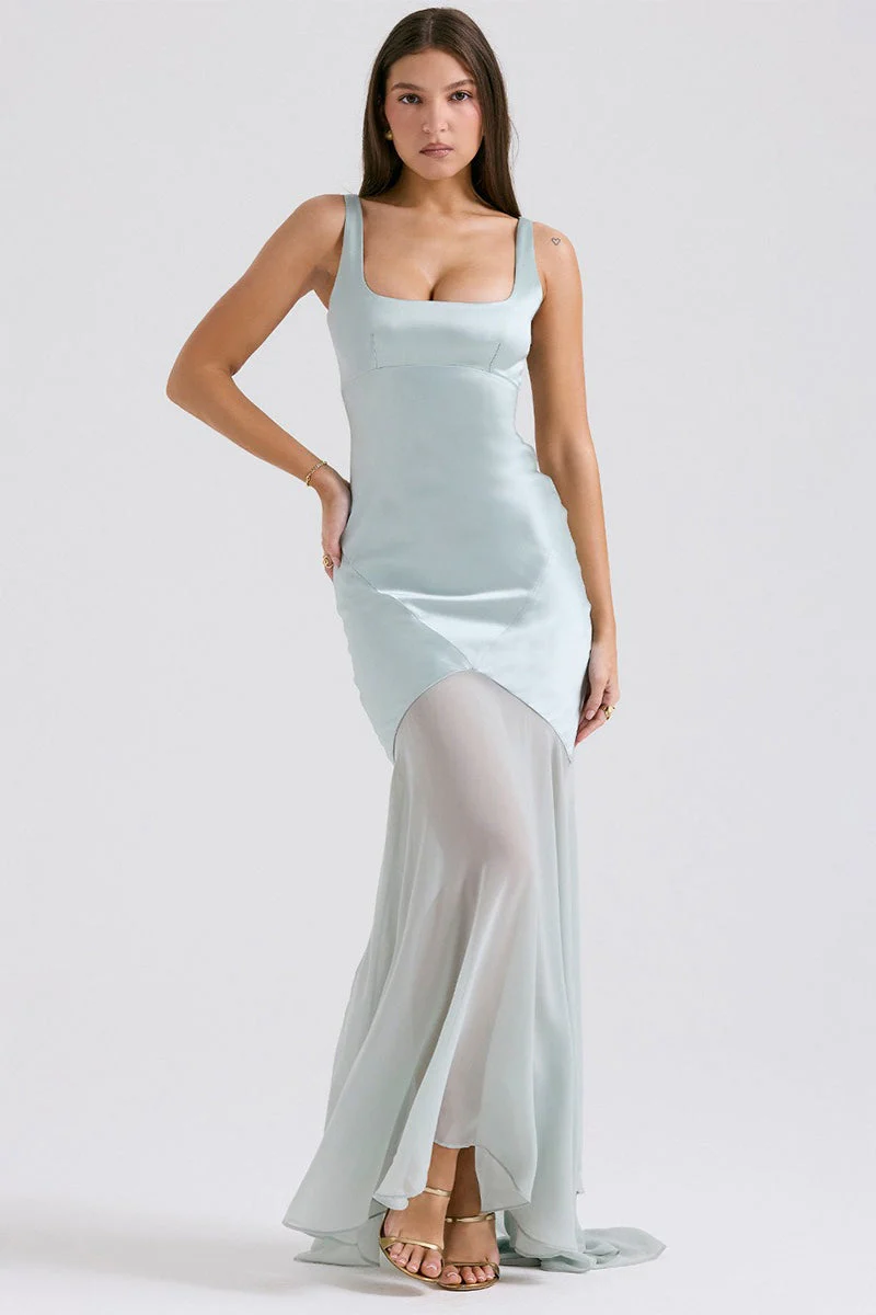 Elegant Flowy Satin Chiffon Patchwork Cami Bodycon Maxi Dress - Image 5