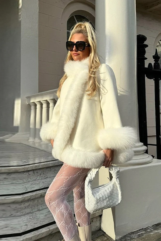 Elegant Fur Collar Paneled Cape Coat - Image 2